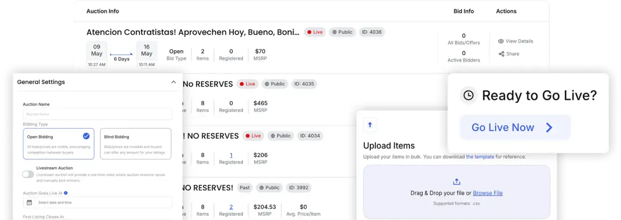 Vendidit auction marketplace — desktop interface mockup