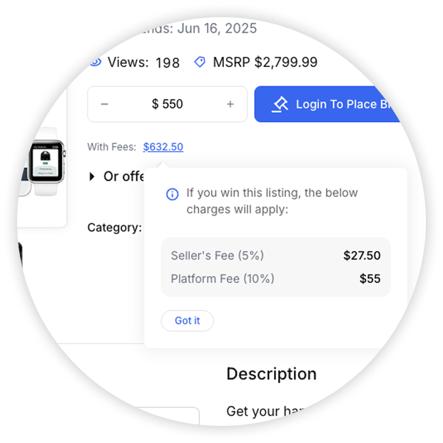 Vendidit listing detail with the fees section highlighted