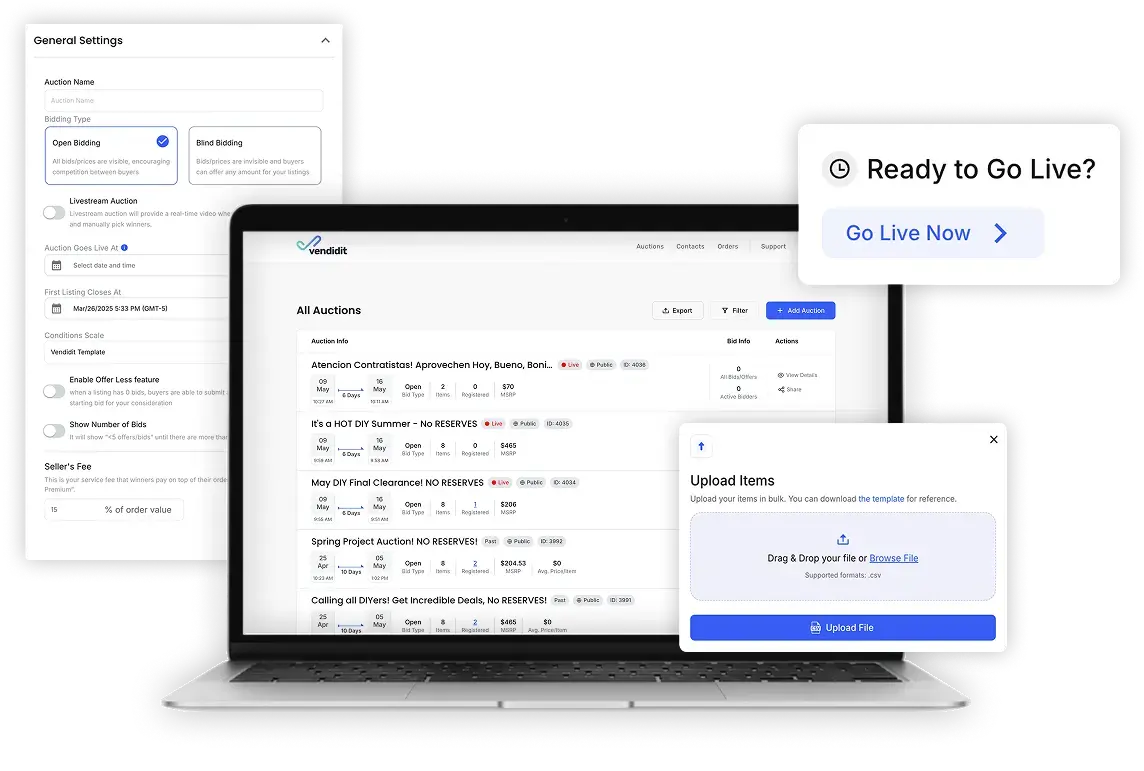 Vendidit auction platform — laptop view of a live seller dashboard